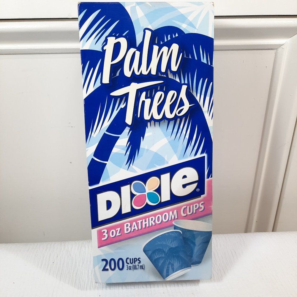 Vintage Dixie Bathroom Cups Palm Trees blue 3oz paper Design opened box 2003